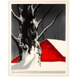 Eyvind Earle (American, 1916-2000), "Red Barn and Tree Snow"