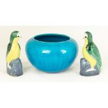 Chinese Blue Dragon Bowl & Two Chinese Porcelain Birds