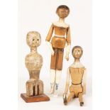 Three Early Queen Ann Carved & Painted Wood Dolls