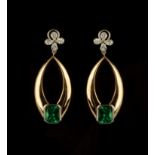 Pair of 18k Gold, Diamond and Green Cut Emerald Earrings