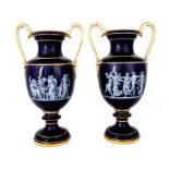 Pair of Meissen Porcelain Cobalt Blue Ground Enameled Vases