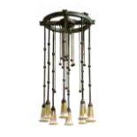 Bronze Moorish Hanging Fixture with Eight Pulled Feather Shade Quezal Shades