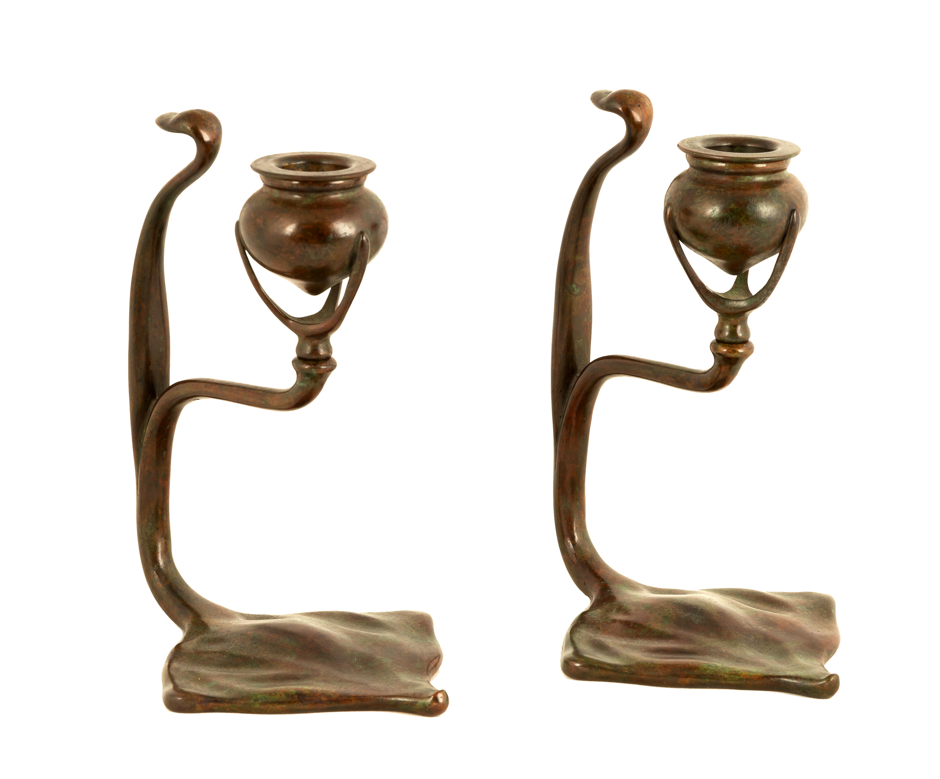 Pair of Tiffany Studios, New York, Cobra Candlesticks