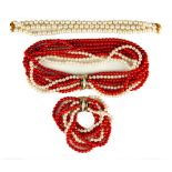 18K Gold, Diamond, Coral and Pearl Necklace and Bracelet Set