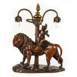 Carved Walnut Lion and Cherub Lamp