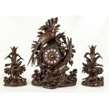 Carved Black Forest Shelf Clock and Pair of Candlesticks