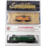 3 x Bachmann N Gauge locomotives: 70751 N 36 Union Pacific, 63553 N GP 40 EMD Diesel ?Burlington