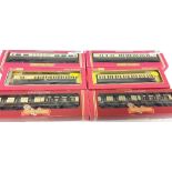 Hornby OO Gauge 6 x boxed Coaches - 2 x R123, R161, R159, R332A and R333A. All appear Excellent in