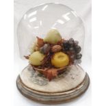 A Victorian glass dome with base containing artificial fruit display.