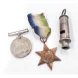 WW2 campaign medals, and an ARP whistle.