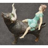 Bill Newland style clay statue bull with lady. 52cm high x 51cm wide.