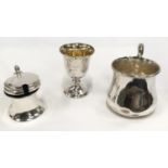 Three pieces of silver to include mustard, egg cup and mug.