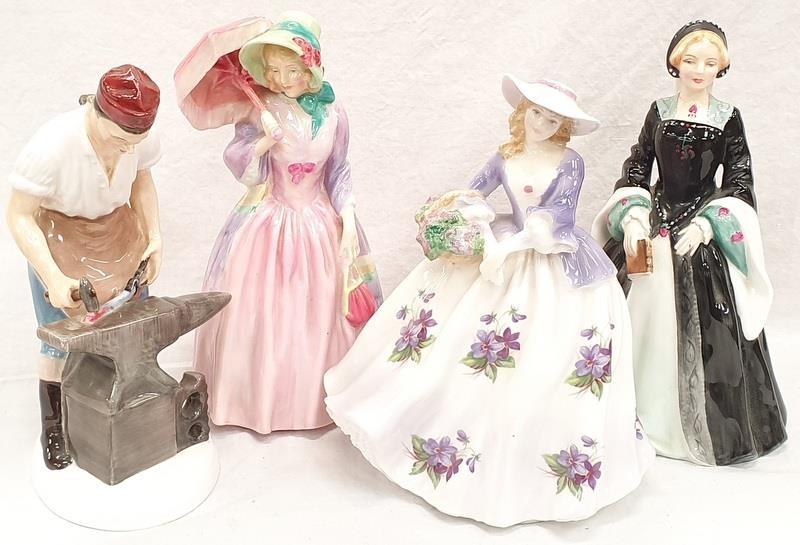 Three Royal Doulton figures: "HN2240 The Blacksmith of Williamsbury", "HN2165 Janice" and "HN1402