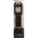 An oak cased painted face grandfather clock for restoration.