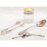 Silver sugar nips, spoon and pot.