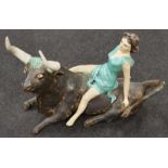Bill Newland style clay statue of a bull with lady. H:40 W:58 (cm).