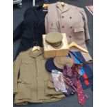 Military Mess dress, Great Coat, ties, caps in travelling trunk.