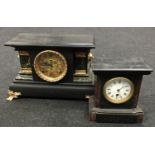 Marble mantle clock together with a wooden gold mantle clock.