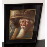 An oil on leaf portrait of an old oriental man with straw hat and stick. Framed and glazed 28x33cm.