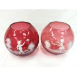 Pair of Cranberry glass bowls, painted in the Charlotte Reid style.