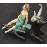 Bill Newland style clay statue of a bull with lady. H:40 W:51 (cm).