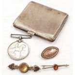 Silver engine turned cigarette case, together with a collection of curios to include diamond set tie
