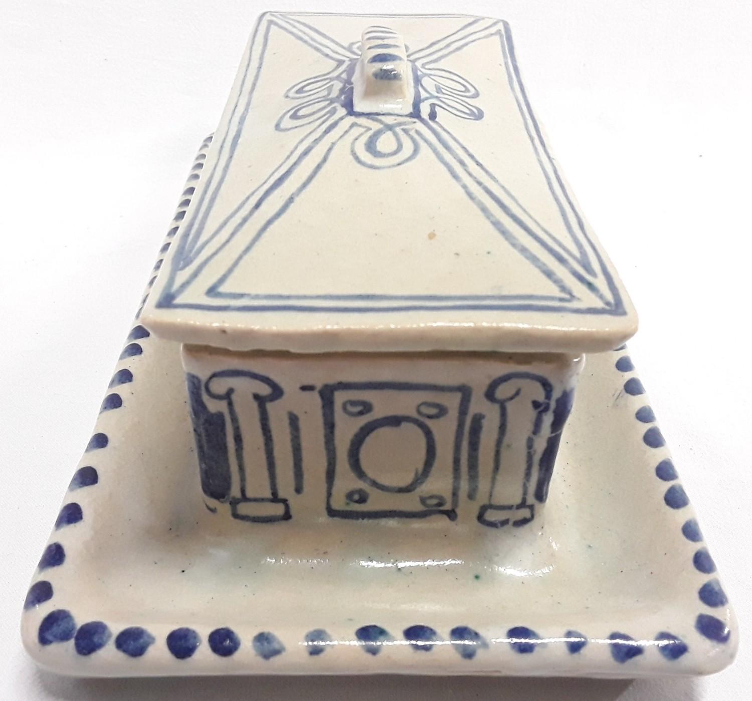 Carter & Co Poole Pottery early lidded tin glazed lidded box on tray by James Radley Young 9" len - Image 2 of 5