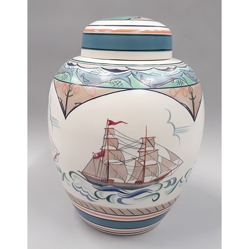 Poole Pottery studio large ginger jar and cover by Karen Brown depicting sailing ships, signed and