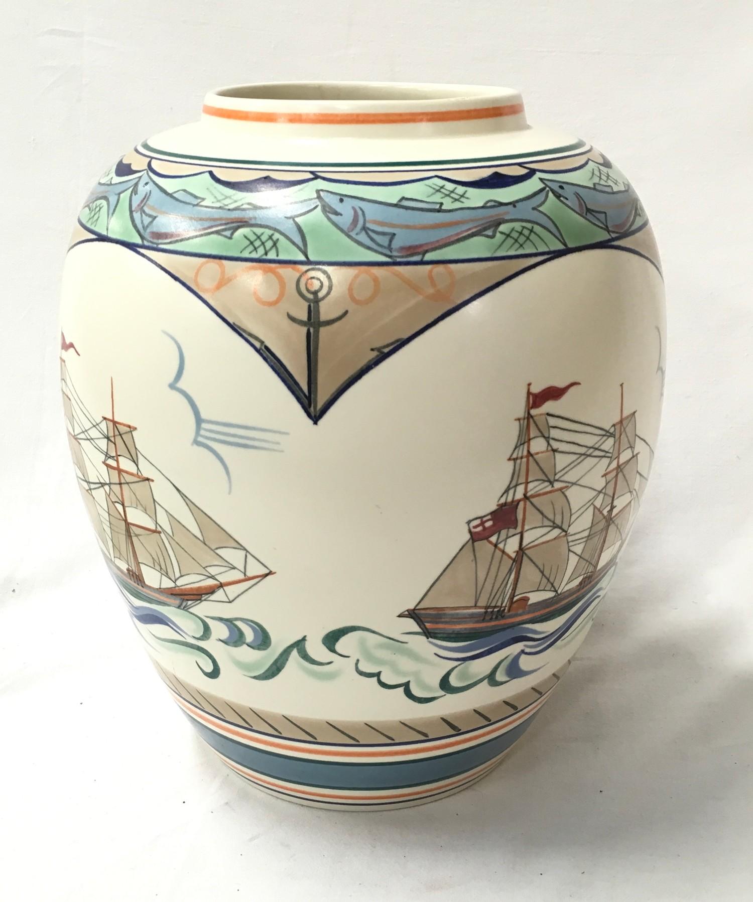 Poole Pottery studio large ginger jar and cover by Karen Brown depicting sailing ships, signed and - Image 4 of 5