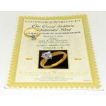 A ladies 18ct diamond solitaire ring, 1ct with certificate, Size T.
