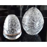 Egg shaped glassware: a J G Durand candle holder (numbered) and a trinket box.