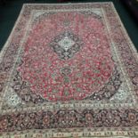 Handmade very large woollen Kahan carpet in red and blue, central blue medallion, 375x275cm (item