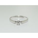 9ct white gold single stone diamond ring, size L.