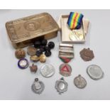 1914 Christmas tin, boxed medal, 5 year silver driver award medal etc.