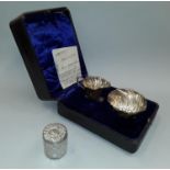 Boxed silver set jug & bowl, and glass with silver lid pot.