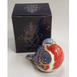 A Royal Crown Derby robin with silver stopper. (boxed).