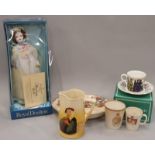 A quantity of Royal Doulton items to include Captain Guess, bowl, jug, china doll, King Herod