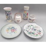 Quantity of traditional Poole Pottery to include commemorative plate and vases (6).