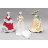 Two Coalport figurines (HM Queen Elizabeth and Dawn Song), together with a Royal Doulton Pretty
