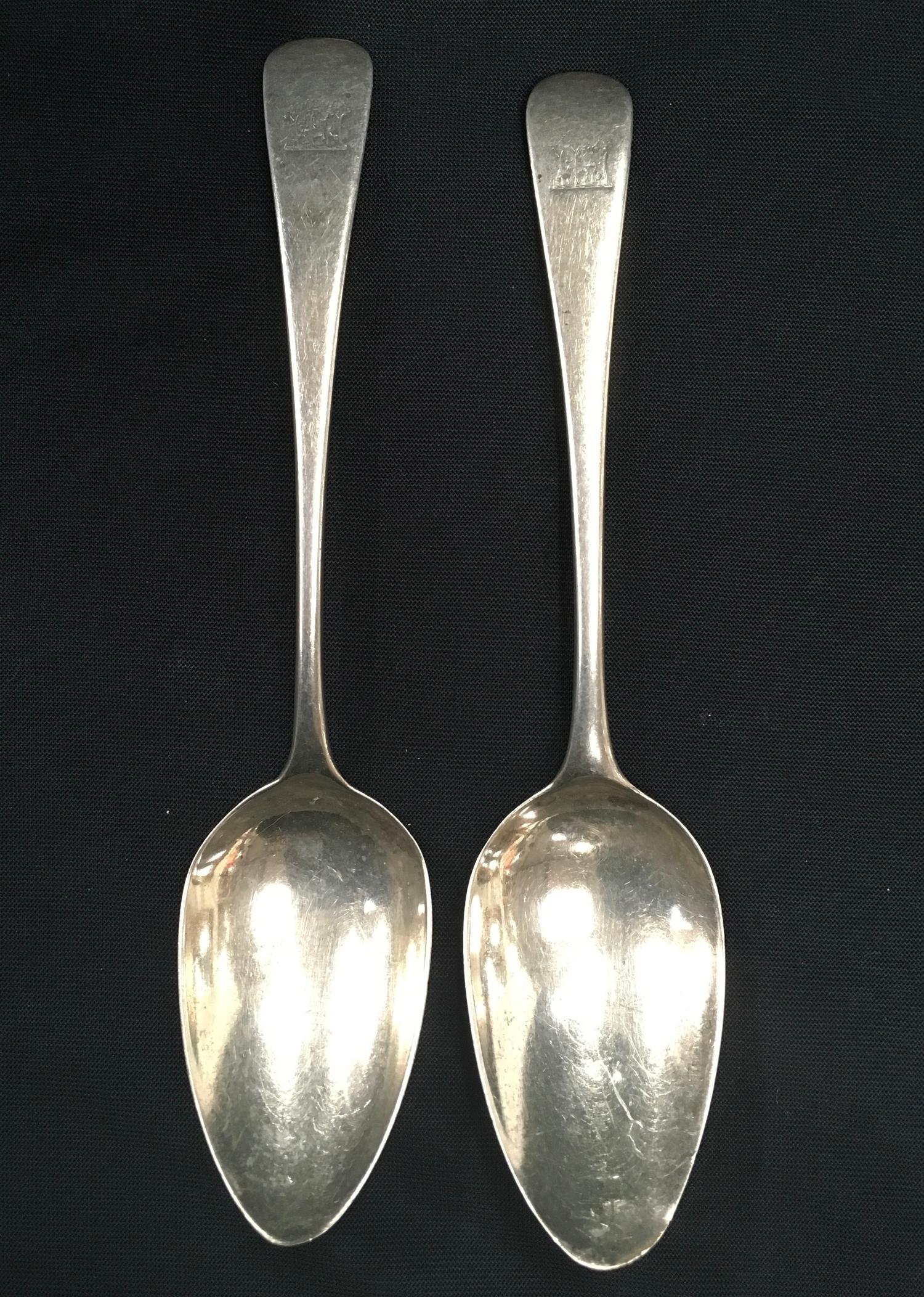 Two Georgian silver old English dessert spoons, Robert Eley 1803 and George Smith IV 1797.