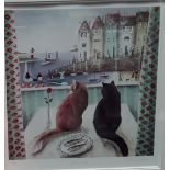 "Out to Lunch" Limited Edition print of cats by Rebecca Lardner, with COA. Framed & glazed 63x690cm.