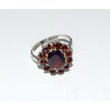 Large Garnet 925 silver 1970's cluster ring. Size N+.