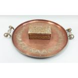 Arts & Crafts copper serving tray with scrolled brass handles (tray diameter 45cm), together with an