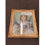 Gilt framed pastel of a child, signed. Approx 72cm x 95cm.