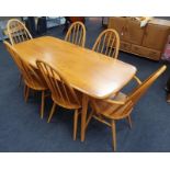 Ercol blonde plank square leg 1960s table (150x75cm) with six Quaker stickback chairs.