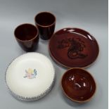 Poole Pottery 1973 Montecute dinner plate, bowl, two beakers, together with a set of 6 KW side