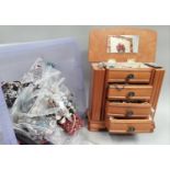 Large box of costume jewellery and other items.