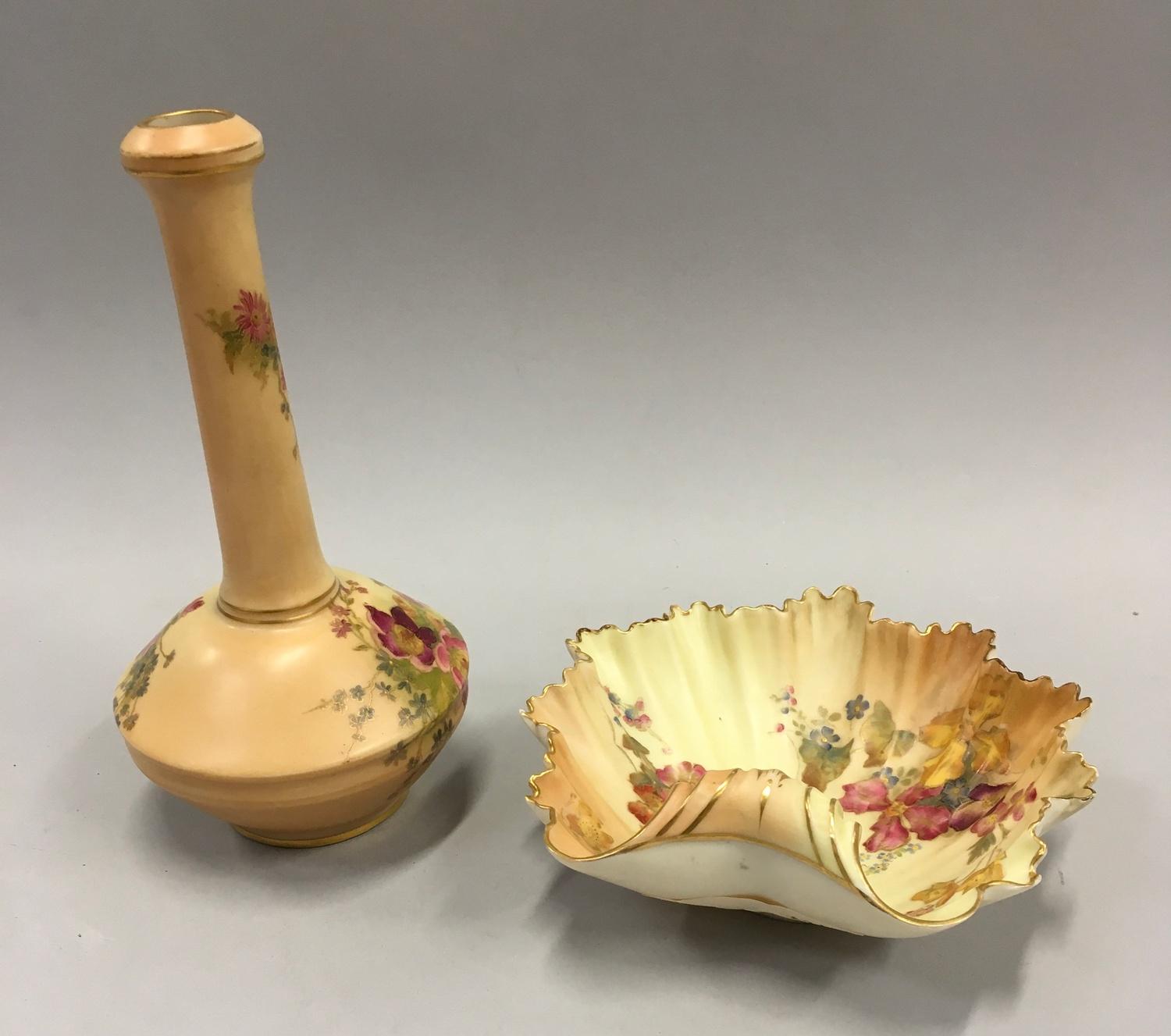 Royal Worcester long neck blush posy vase together with a Royal Worcester leaf plate, C1890.