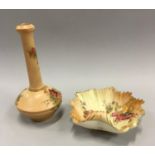 Royal Worcester long neck blush posy vase together with a Royal Worcester leaf plate, C1890.