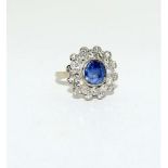 18ct white gold diamond sapphire daisy, approx 3ct diamond, size N.